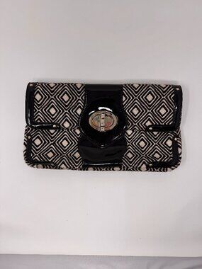 ELAINE TURNER Geometric Pony Hair & Patent Leather Turnlock Clutch Pristine 12"